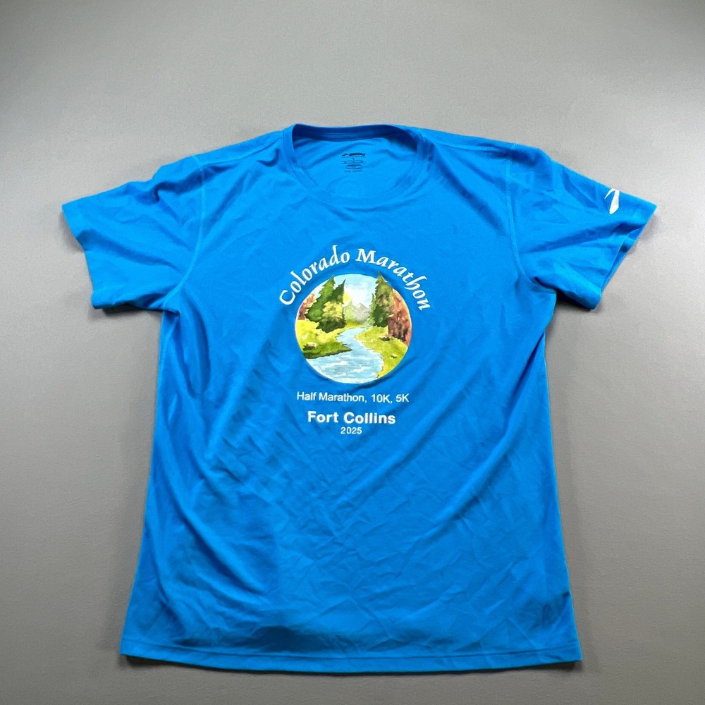 Brooks Run Happy T Shirt Mens Large Fort Collins Colorado Marathon Graphic Mesh